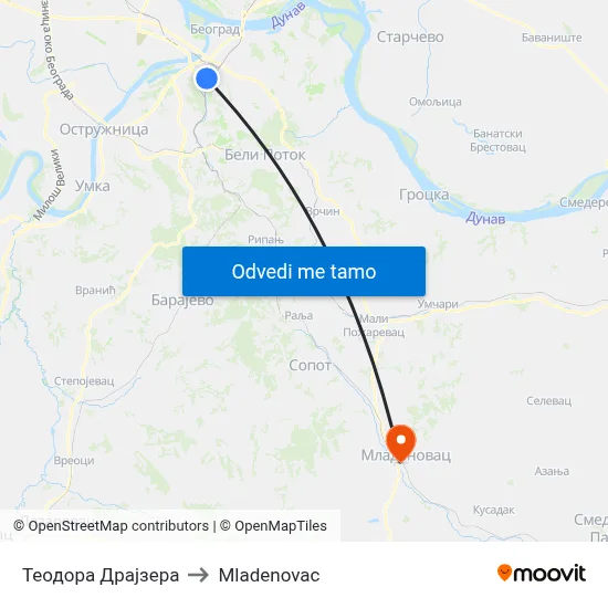 Теодора Драјзера to Mladenovac map