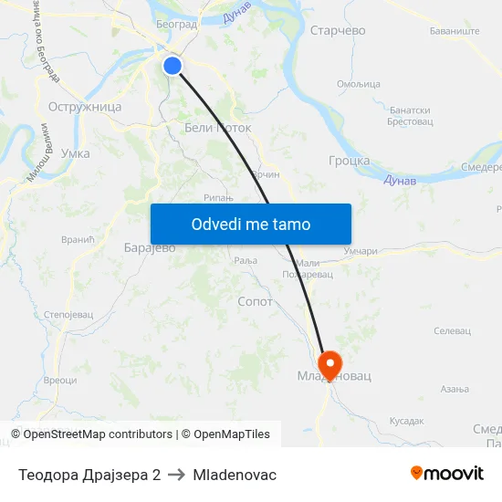 Теодора Драјзера 2 to Mladenovac map