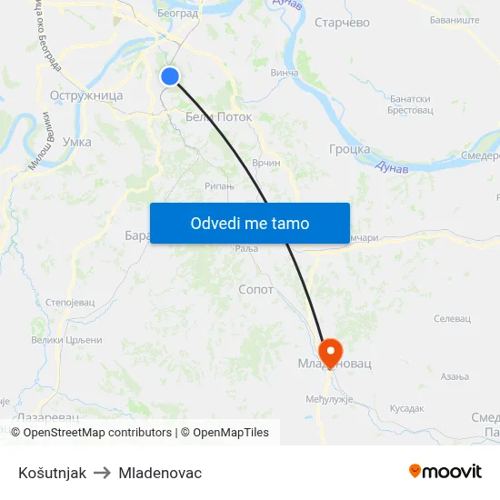 Košutnjak to Mladenovac map