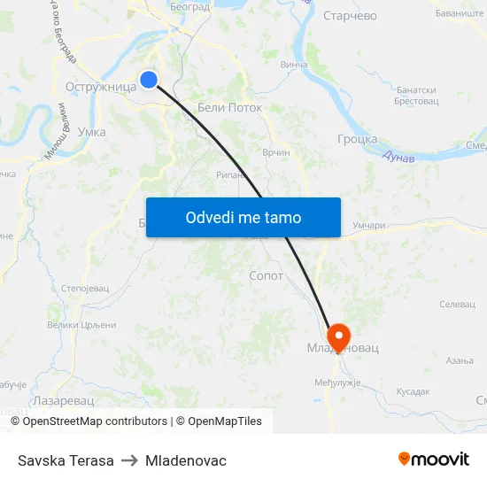 Savska Terasa to Mladenovac map