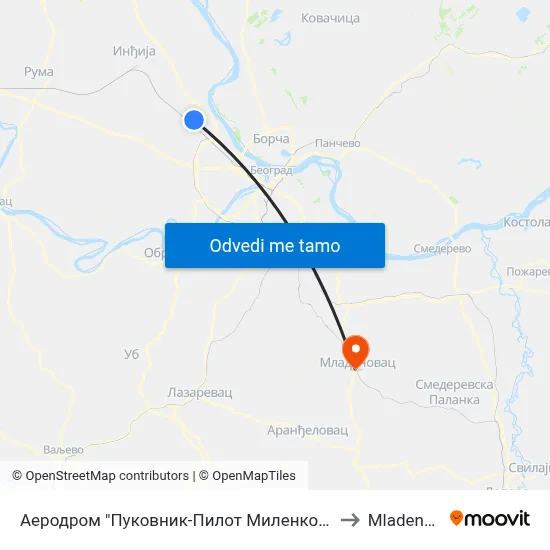 Аеродром "Пуковник-Пилот Миленко Павловић" to Mladenovac map