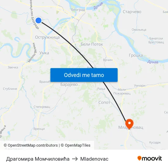 Драгомира Момчиловића to Mladenovac map