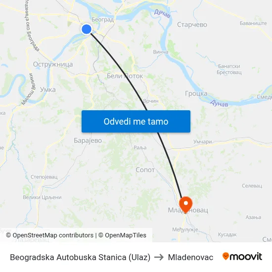 Beogradska Autobuska Stanica (Ulaz) to Mladenovac map