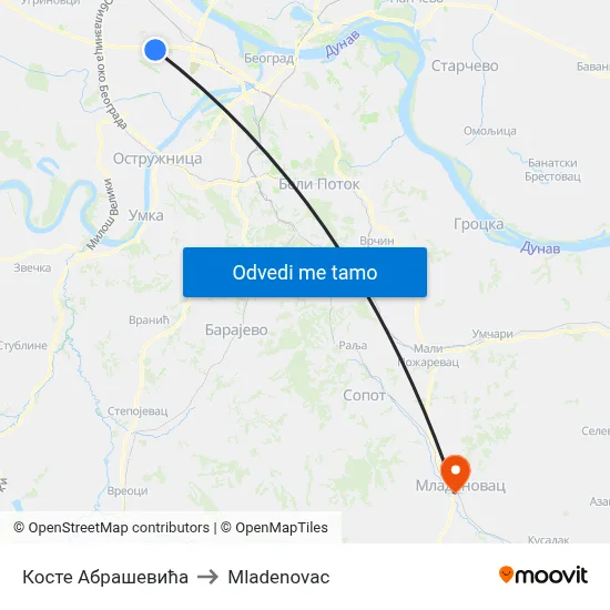 Косте Абрашевића to Mladenovac map