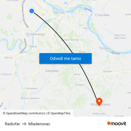 Radiofar to Mladenovac map