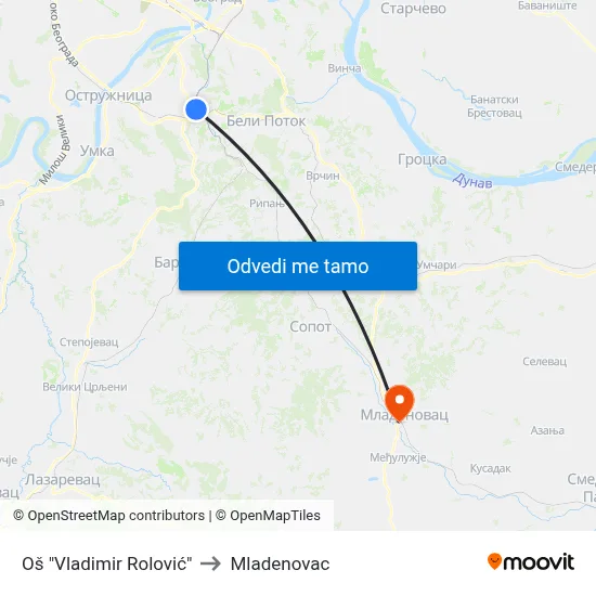 Oš "Vladimir Rolović" to Mladenovac map