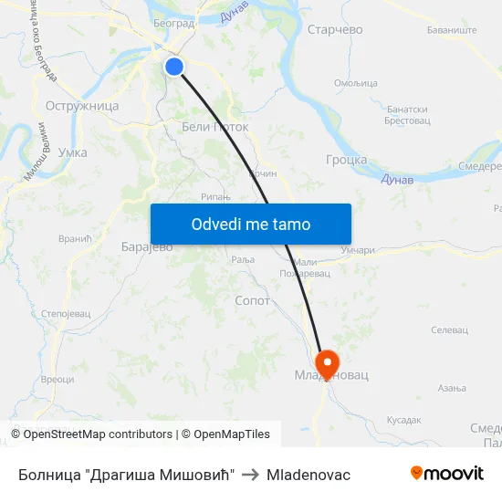 Болница "Драгиша Мишовић" to Mladenovac map