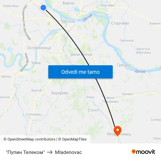 "Пупин Телеком" to Mladenovac map