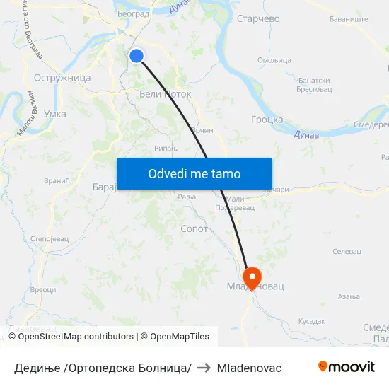 Дедиње /Ортопедска Болница/ to Mladenovac map