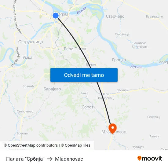 Палата "Србија" to Mladenovac map
