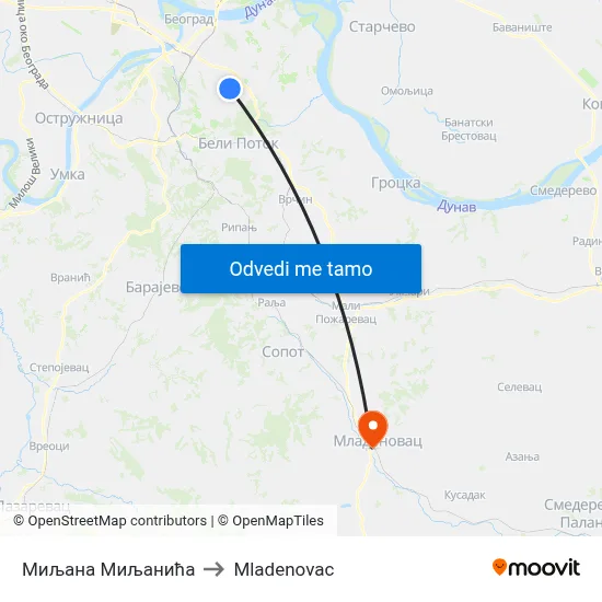 Миљана Миљанића to Mladenovac map