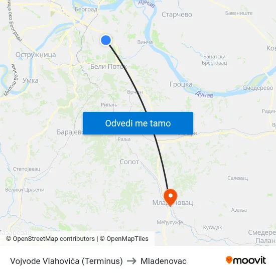 Vojvode Vlahovića (Terminus) to Mladenovac map