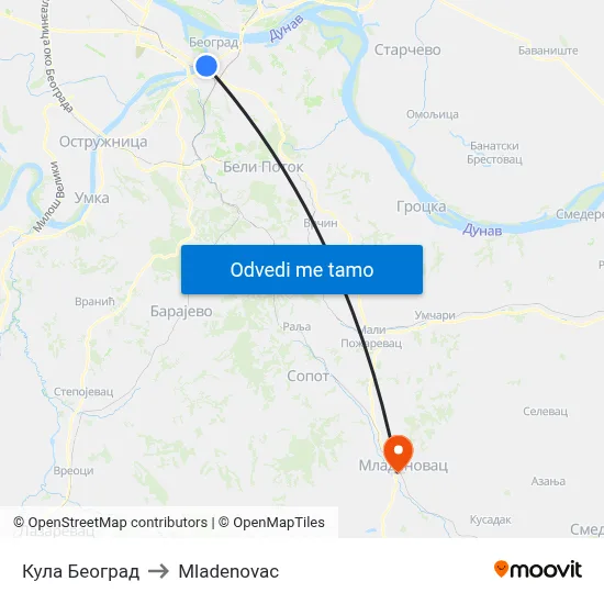 Кула Београд to Mladenovac map