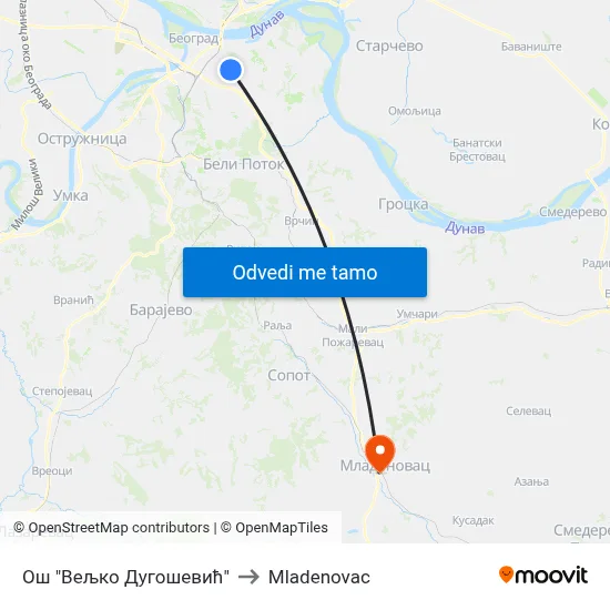 Ош "Вељко Дугошевић" to Mladenovac map