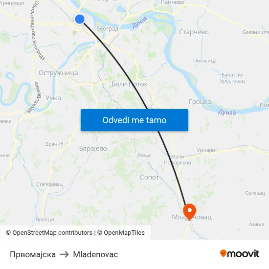 Првомајска to Mladenovac map