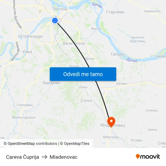 Careva Ćuprija to Mladenovac map