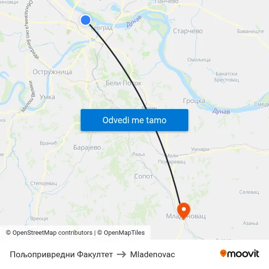 Пољопривредни Факултет to Mladenovac map
