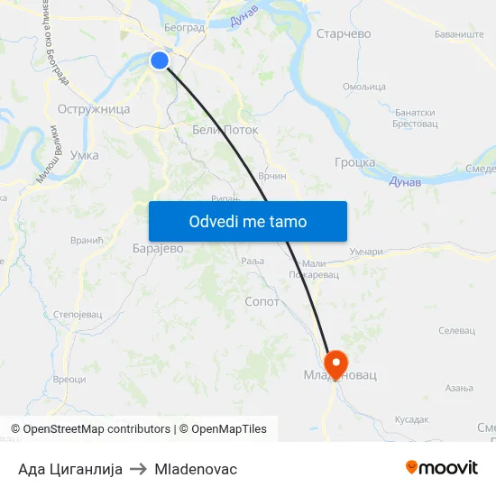 Ада Циганлија to Mladenovac map