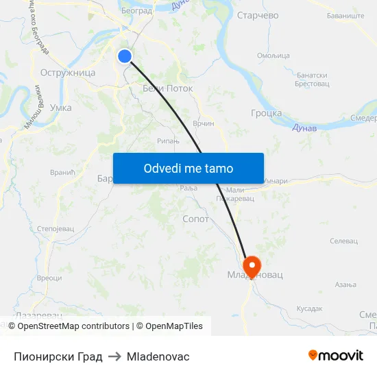 Пионирски Град to Mladenovac map