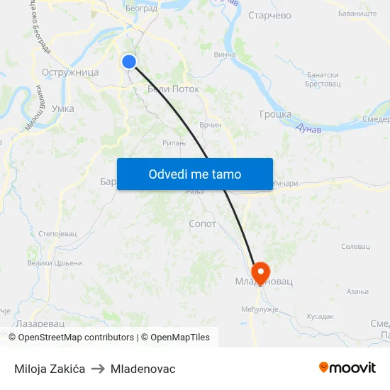 Miloja Zakića to Mladenovac map