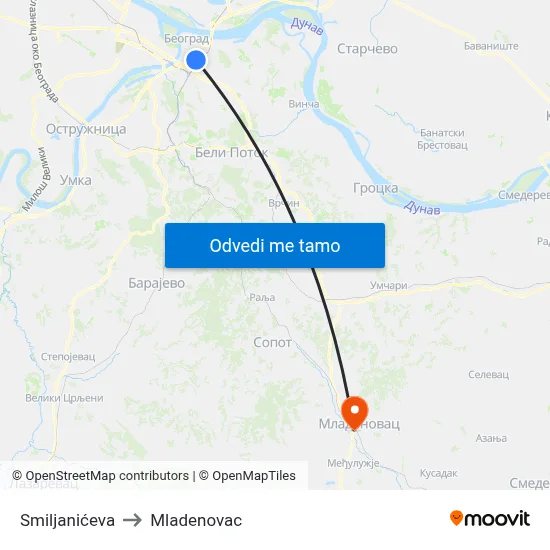 Smiljanićeva to Mladenovac map