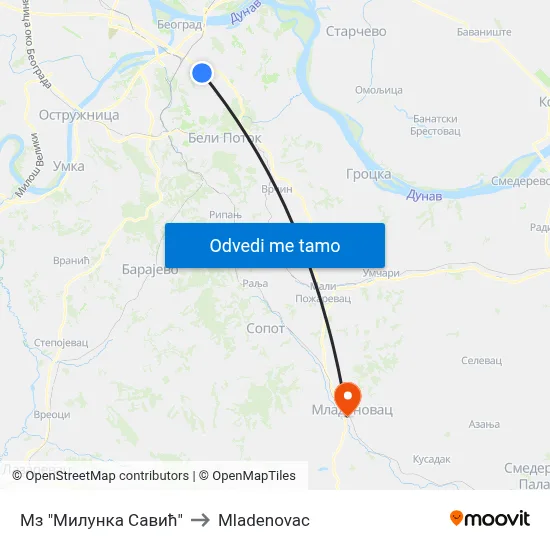 Мз "Милунка Савић" to Mladenovac map