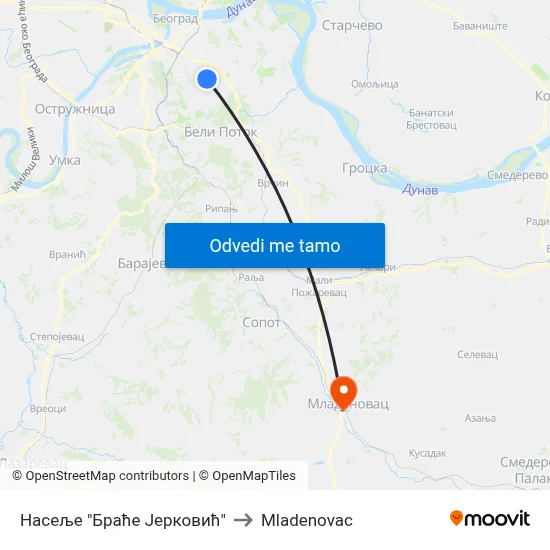 Насеље "Браће Јерковић" to Mladenovac map