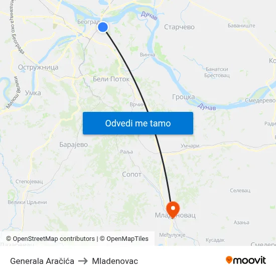 Generala Aračića to Mladenovac map