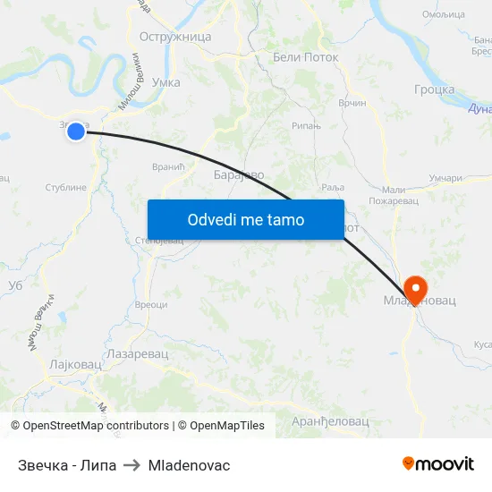 Звечка - Липа to Mladenovac map