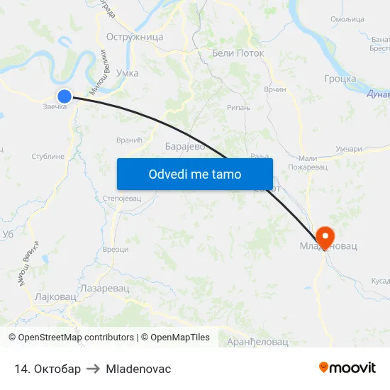 14. Октобар to Mladenovac map