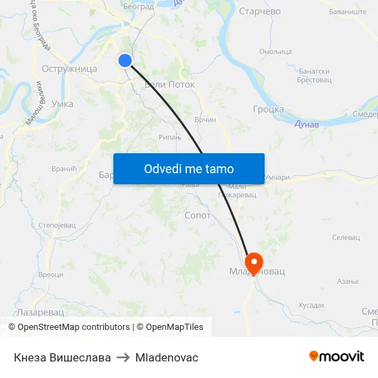 Кнеза Вишеслава to Mladenovac map