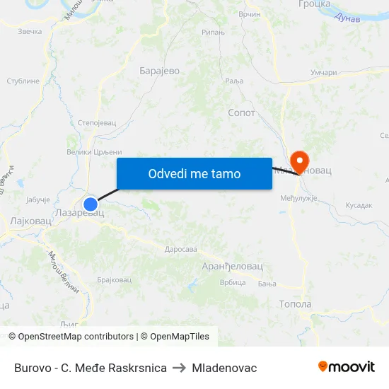 Burovo - C. Međe Raskrsnica to Mladenovac map