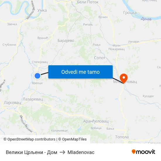 Велики Црљени - Дом to Mladenovac map