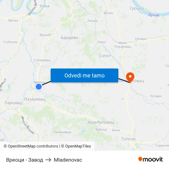 Вреоци - Завод to Mladenovac map