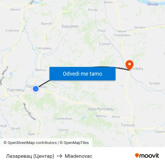 Лазаревац (Центар) to Mladenovac map