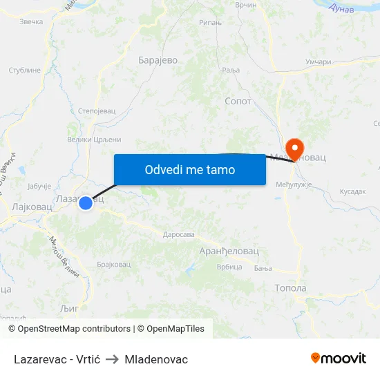 Lazarevac - Vrtić to Mladenovac map