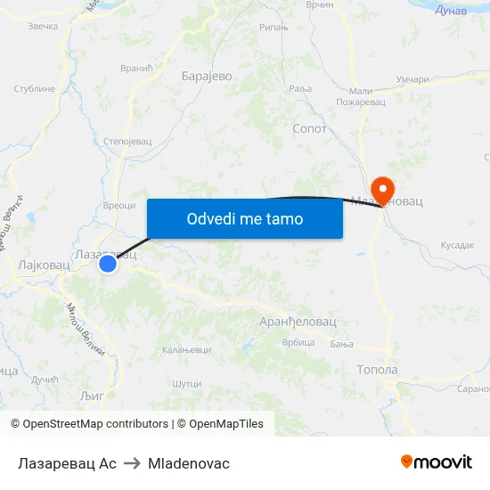 Лазаревац Ас to Mladenovac map