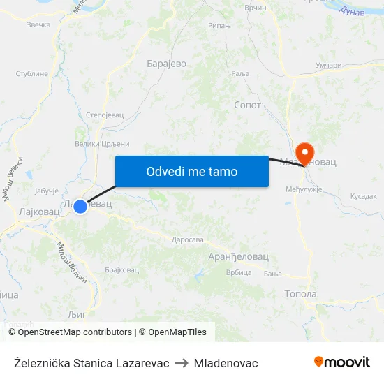 Železnička Stanica Lazarevac to Mladenovac map
