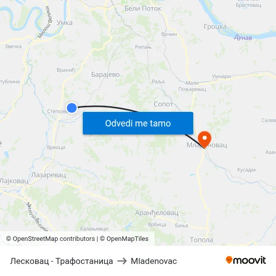 Лесковац - Трафостаница to Mladenovac map