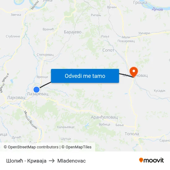 Шопић - Криваја to Mladenovac map