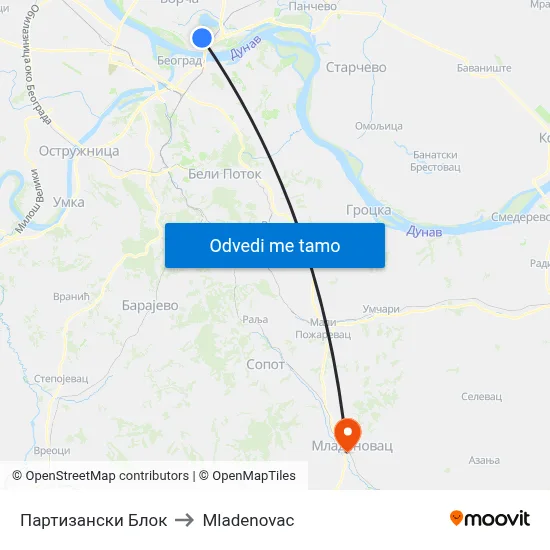 Партизански Блок to Mladenovac map