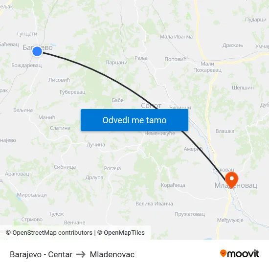 Barajevo - Centar to Mladenovac map
