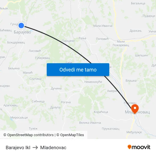 Barajevo Ikl to Mladenovac map