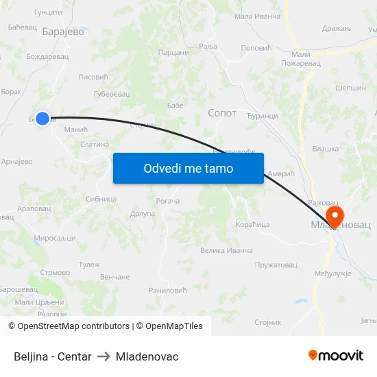 Beljina - Centar to Mladenovac map