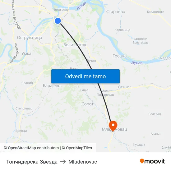 Топчидерска Звезда to Mladenovac map
