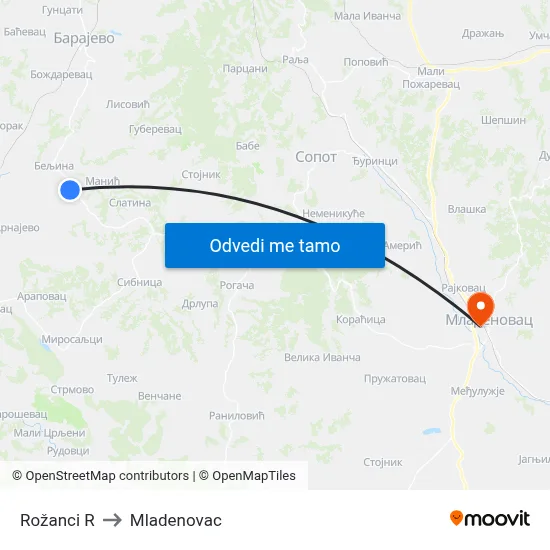 Rožanci R to Mladenovac map