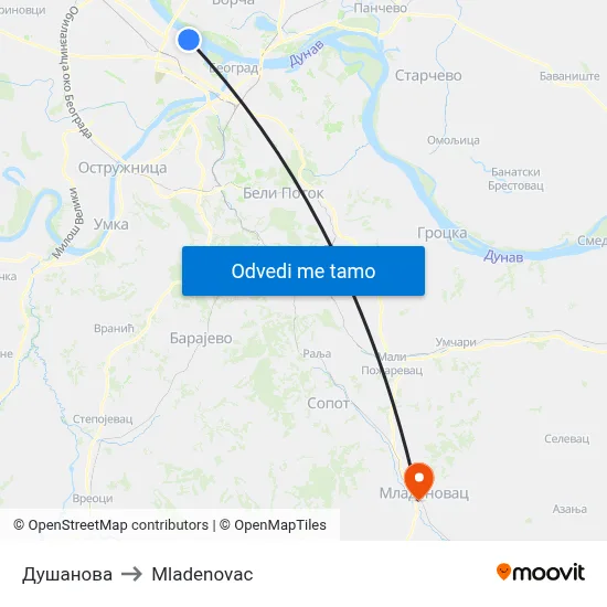 Душанова to Mladenovac map