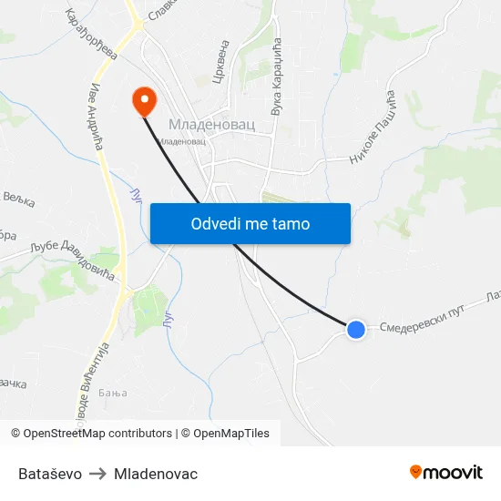 Bataševo to Mladenovac map