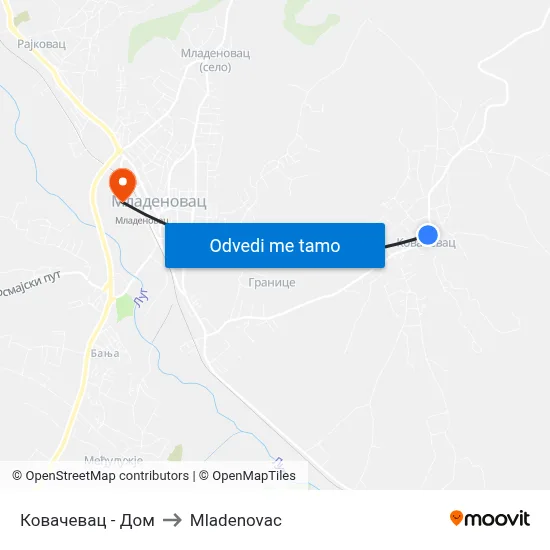 Ковачевац - Дом to Mladenovac map
