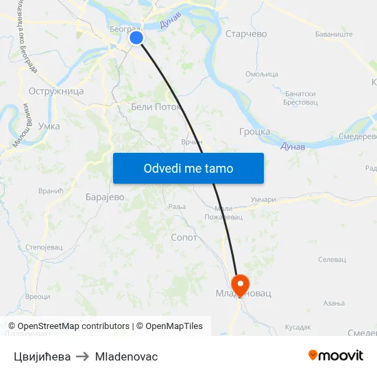 Цвијићева to Mladenovac map
